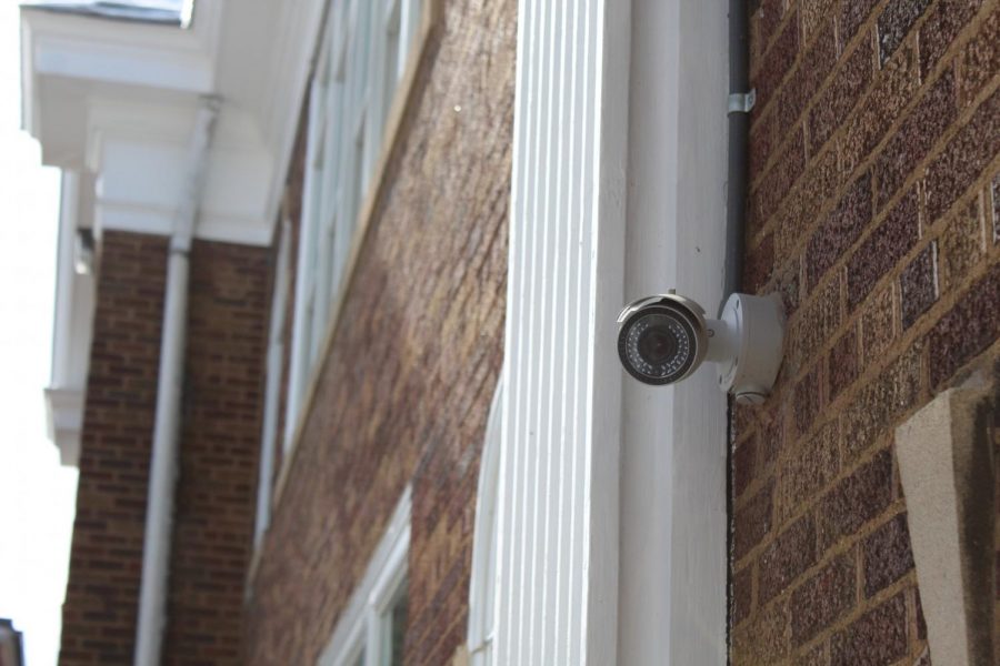 A security camera at the current main entrance of the High School.