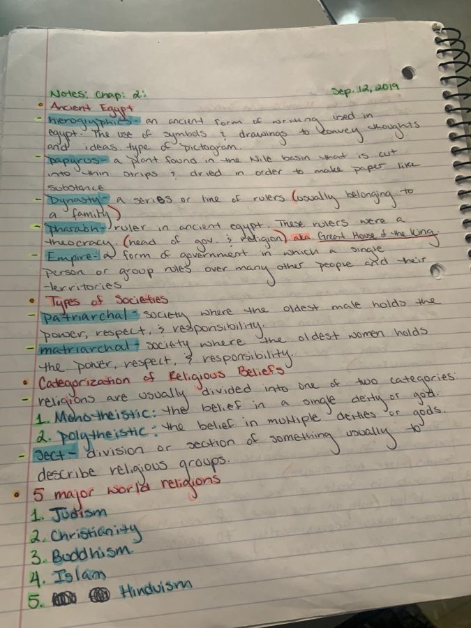Penny Herrera’s world history notes with terms that will be on her test.