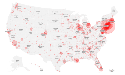 A map of the cases of Covid-19 in the United States. 