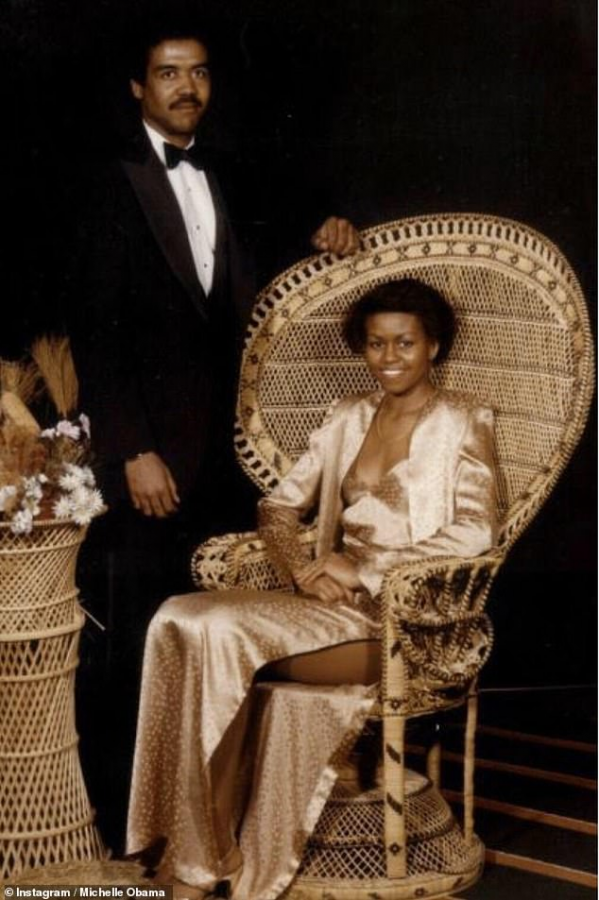 First Lady Michelle Obamas prom photo with her date from 1982.