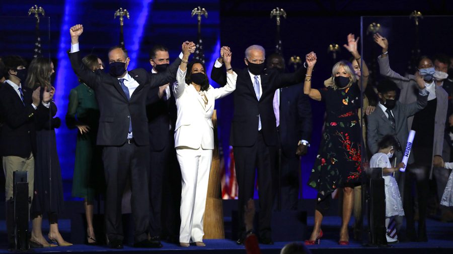 President+elect+Joe+Biden+and+Vice+President+elect+Kamala+Harris+celebrate+their+victory+with+their+staff.