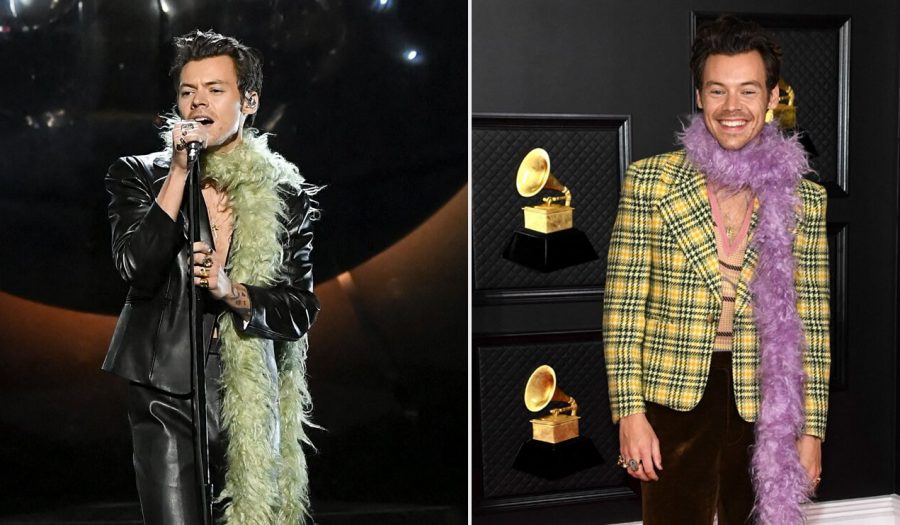 Harry Styles rocked two looks -- both topped off with a boa. 