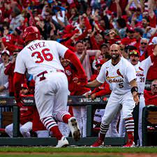 The St. Louis Cardinals celebrate after Juan Yepez hits a 2 run homerun.