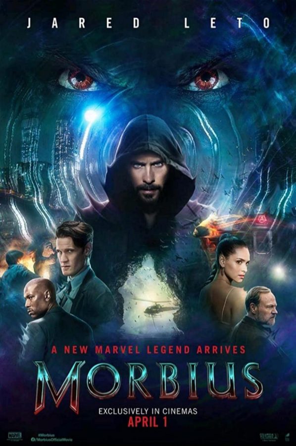 The movie cover for Morbius. (Left to right Actors Tyrese Gibson, Matt Smith, Jared Leto, Adria Arjona, and Jared Harris. Image via Marvel
