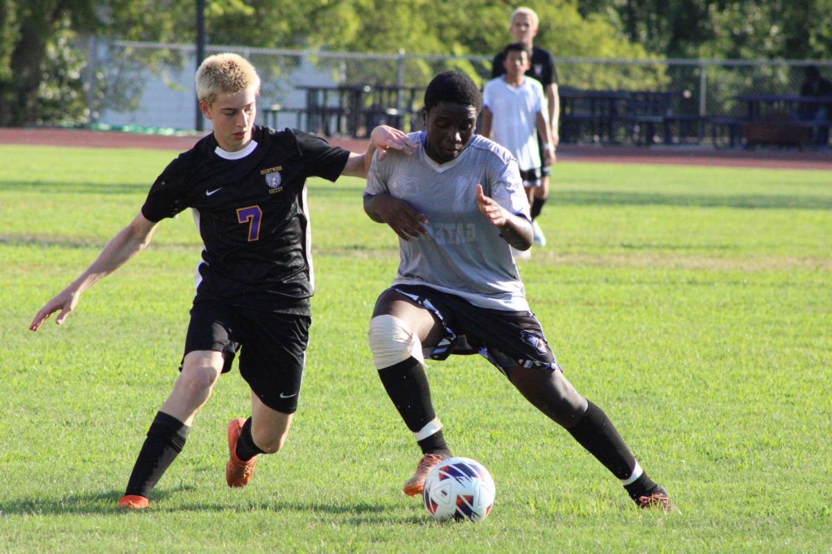 Senior Lucas Kelley attempts to steal the ball from a Gateway STEM player during BHS's first home game of the season. During the game, Kelley scored a goal and had an assist. 